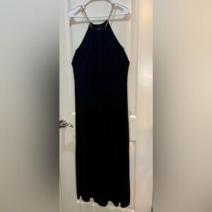 Nina Leonard Black Halter Maxi Dress with Silver Chain Straps Size M
